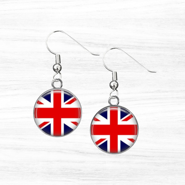 Surgical Steel Union Jack  British Flag Glass Cabochon Drop Dangle Earrings