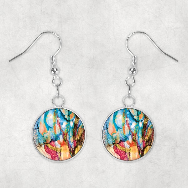 Surgical Steel Dangle Blue Yellow Red  Multi Coloured Abstract Glass Cabochon  Earrings