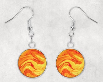 Surgical Steel Dangle Orange And Yellow Multi Coloured  Marble Abstract Glass Cabochon Earrings