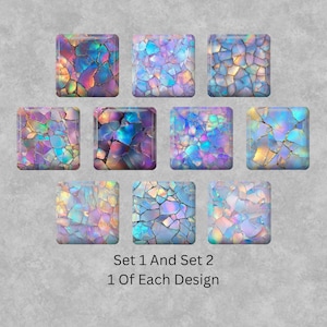 May include: Nine square tiles with a fractured, iridescent design in purple, blue, and gold. The text "Set 1 And Set 2 1 Of Each Design" is printed below the tiles. The tiles are arranged in a grid.