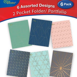 May include: Six 2-pocket folders with assorted geometric designs in blue, green, pink, and gray with gold accents. The folders are labeled "6 Pack" and "2 Pocket Folder/Portfolio".