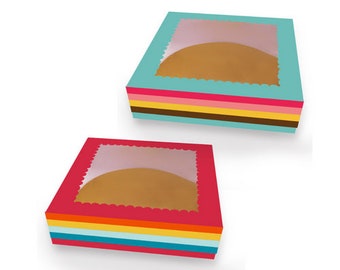 Window Cake Boxes 10x10x2.5 Inch , Auto Popup Great for Bakery, Pastries - 12 Pack Rainbow Design Included 12 Round Cake Boards.
