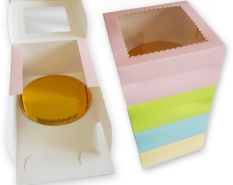 Cake Boxes 12x12x5 Inch Cake Boxes with Window , Super Elegant Pastel color Boxes - 12 Pack Boxes Included with 12 Cake Round Boards
