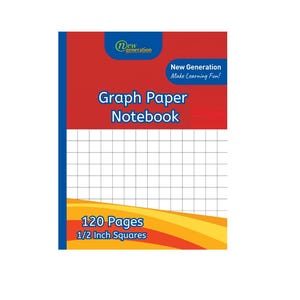 May include: A graph paper notebook with a red and blue cover. The cover features the text "Graph Paper Notebook" in white, with the "New Generation" logo and the text "Make Learning Fun!". The notebook has 120 pages with 1/2 inch squares.