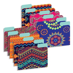 May include: A set of 10 colorful file folders with geometric and mandala patterns. The folders are blue, orange, pink, yellow, and green. The folders have a turquoise tab for labeling.