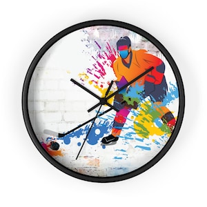 Colorful Hockey Player Wall Clock: Sports Decor Timepiece