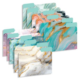 May include: A set of 10 colorful file folders with a marble pattern and gold accents. The folders have a teal tab.