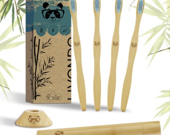 ECO Bambus Zahnbürstenset mit Ständer und Etui - mit süßen Pandamotiven und verschiedenen Farben.