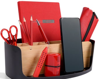 ECO Organizer mit Bambus - perfekt für Büro, Schreibtisch, Küche und Bad mit Handy & Tablet Halterung, für Home Office Storage -ellipsenform