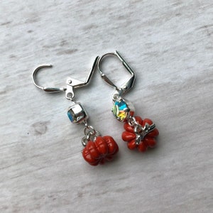 May include: A pair of silver pumpkin earrings with orange pumpkin charms and clear crystal accents.