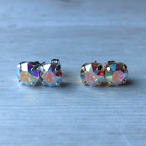 Aurora AB Crystal Stud Earrings, 8mm, Silver or Gold