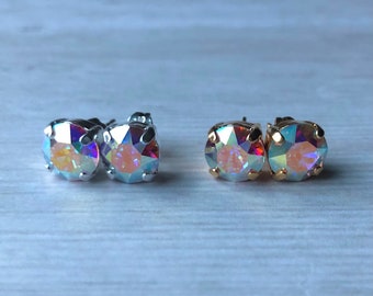 Aurora AB Crystal Stud Earrings, 8mm, Silver or Gold