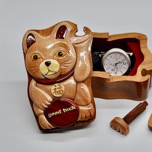 Maneki-neko Holz Puzzle Box - Holz Puzzle Box Glänzende Finish - Winkende Katze - Handgemachte Schmuck Box aus Holz - Glücksbringer Geschenk