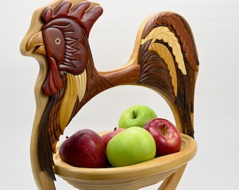 Chicken Wooden Fruit  Basket - Kitchen Decor Collapsible Fruit Bowl - Wooden Fruit Basket with Chicken Design - Kitchen Centerpiece