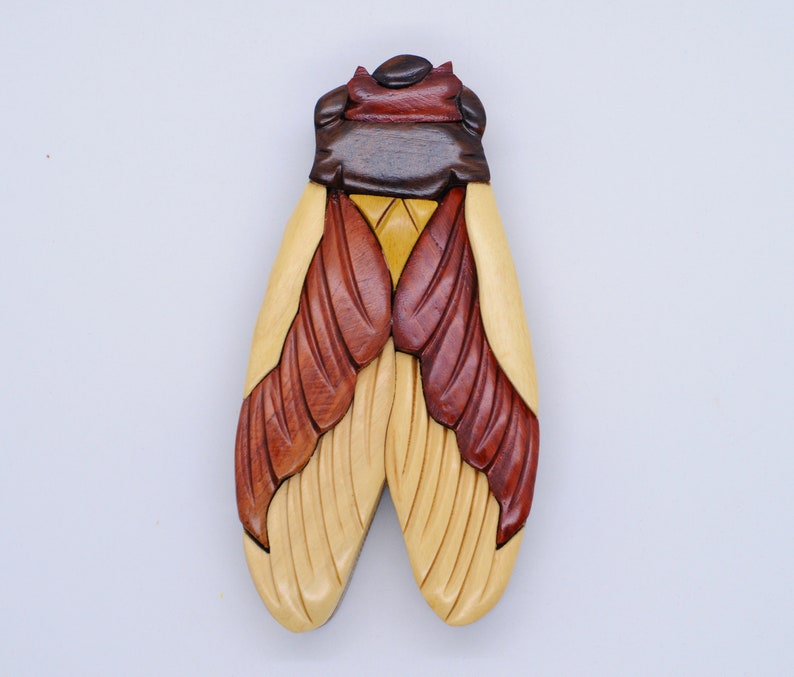 Puede incluir: Una caja de rompecabezas de madera con forma de cigarra con detalles intrincados. Las alas est&aacute;n talladas en tonos de marr&oacute;n, rojo y amarillo.