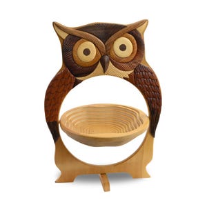Houten fruitmand uil – opvouwbare houten fruitschaal voor keukendecor, rustiek keukenstuk, decoratieve fruithouder, fruitliefhebbers