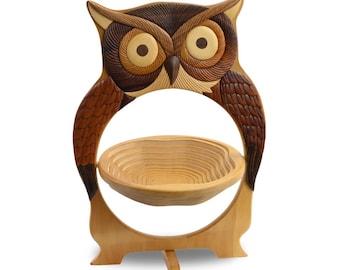 Owl Wooden Fruit Basket – Collapsible Wooden Fruit Bowl for Kitchen Decor, Rustic Kitchen Centerpiece, Decorative Fruit Holder, Fruit lovers