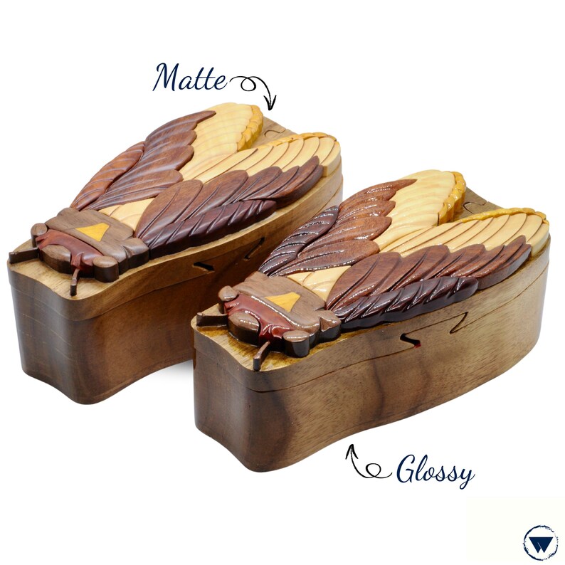 May include: Two wooden puzzle boxes with a cicada design. The box on the left has a matte finish, while the box on the right has a glossy finish. Both boxes are made of wood with a natural grain.
