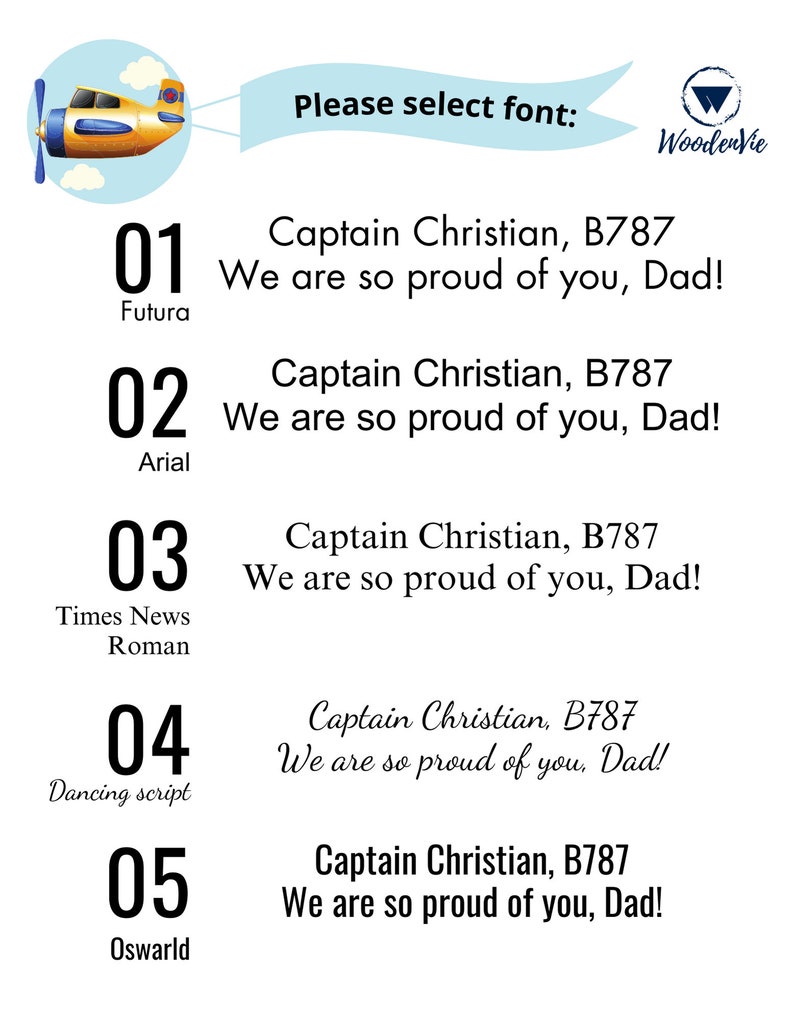 K&ouml;nnte beinhalten: Eine Grafik mit f&uuml;nf verschiedenen Schriftarten f&uuml;r ein personalisiertes Geschenk. Der Text lautet "Captain Christian, B787 We are so proud of you, Dad!" Die Schriftarten sind Futura, Arial, Times New Roman, Dancing Script und Oswald.