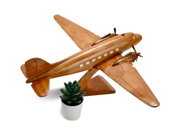 Könnte beinhalten: Ein hölzernes Flugzeugmodell mit hellbrauner Oberfläche. Das Flugzeug hat eine kleine grüne Sukkulente in einem weißen Topf daneben.