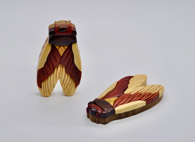 Puede incluir: Dos esculturas de cigarras de madera tallada de forma intrincada. Las esculturas est&aacute;n hechas de diferentes tipos de madera, creando un efecto multicolor. Las cigarras tienen un acabado de madera natural.