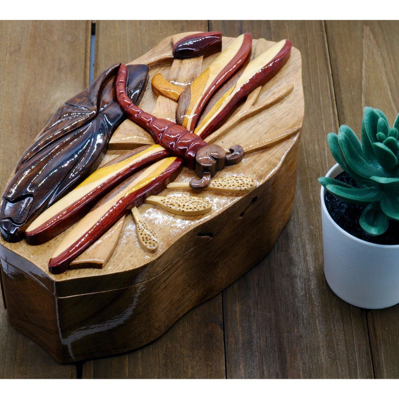 Caja de madera para amantes de las libélulas, caja de madera hecha a mano para joyería, regalo para él, regalo de cumpleaños para mamá, regalo de aniversario para esposa. imagen 10
