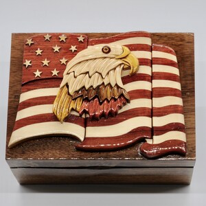 Handmade wooden jewelry box with American flag and eagle design - welcome home gift, gift for trooper, veteran day gift, memorial day