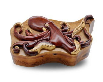 Octopus Lover Gift Handmade Wood Puzzle Box Unique Jewelry Box for Her Gift for Him Octopus Themed Gift Octopus Lover Jewelry Case for Her
