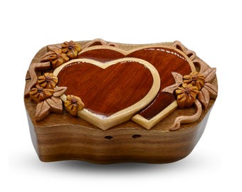 Heart Gift Idea Double Heart Wooden Puzzle Box Jewelry Case For Her Handmade Valentine Gift For Wife Jewelry Case Anniversary Gift Idea