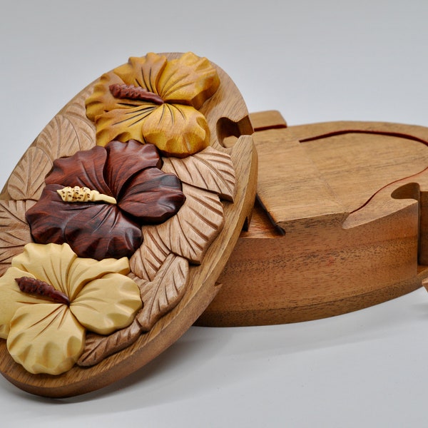 Handmade wooden puzzle box with hibiscus flower design - Wood jewelry box - Wooden Hibiscus Watch Box - Wedding gift idea- Valentines Gift