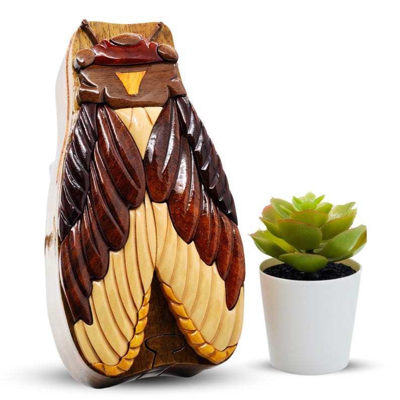 May include: A wooden puzzle box shaped like a cicada with intricate details. The box is made of different shades of brown wood and has a light brown, yellow, and orange pattern on the wings. The box is open and the inside is visible.