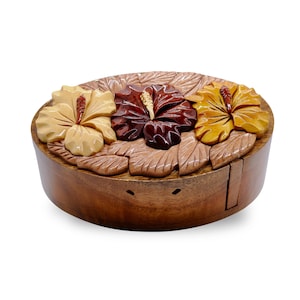 Hibiscus pour amateur de bijoux boîte de puzzle pour elle, cadeau pour elle, idée, boîte à bijoux en bois, cadeau d'anniversaire pour femme, cadeau d'anniversaire pour maman, cadeau de Noël