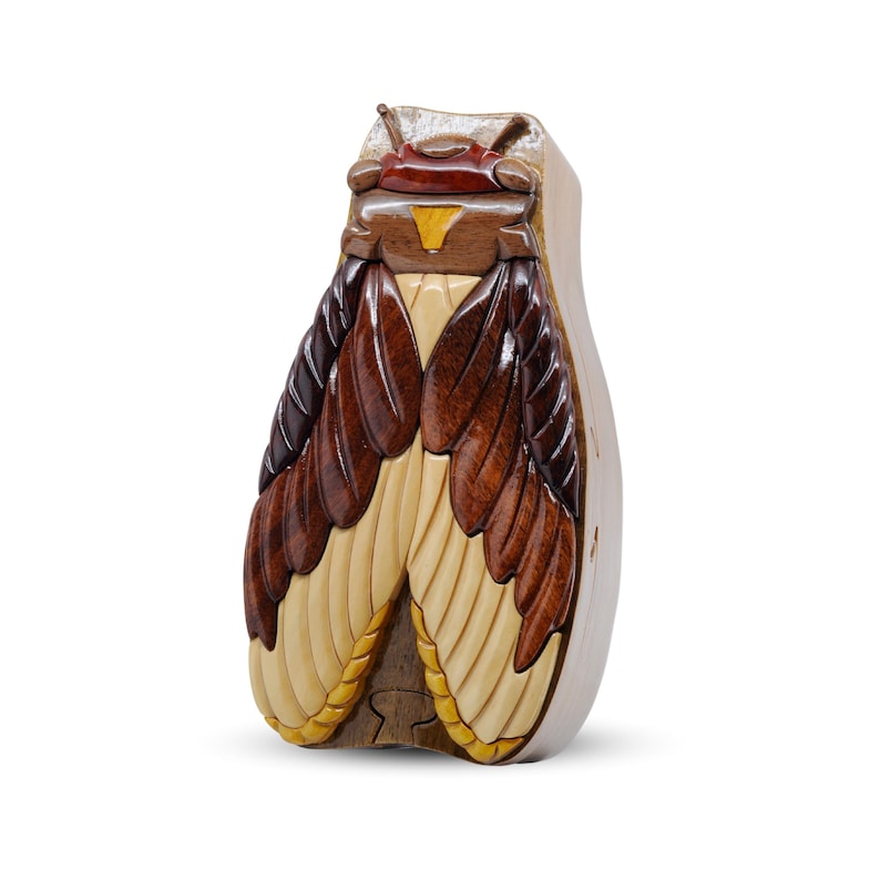 May include: A wooden puzzle box shaped like a cicada with intricate details. The box is made of different types of wood, including light brown, dark brown, and yellow. The cicada's wings are open and have a detailed pattern.