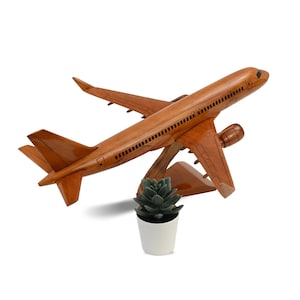 Può includere: Un modello di aereo in legno con finitura marrone. L'aereo è su un supporto in legno ed è in posizione di decollo. Una piccola pianta grassa verde è in un vaso bianco davanti all'aereo.