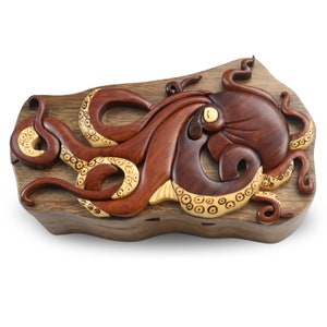 Oktopus Geschenkidee für Oktopusliebhaber Holzkiste - Holzoktopus Schmuckkästchen - Handgemachte Oktopus Kunstbox - Oktopusliebhaber Geschenkidee für sie