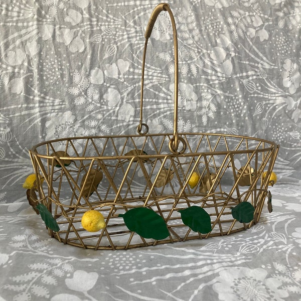 Toleware Style Lemon Tree Basket  hand painted- Green Yellow Gold Metal Italy Tole spring summer