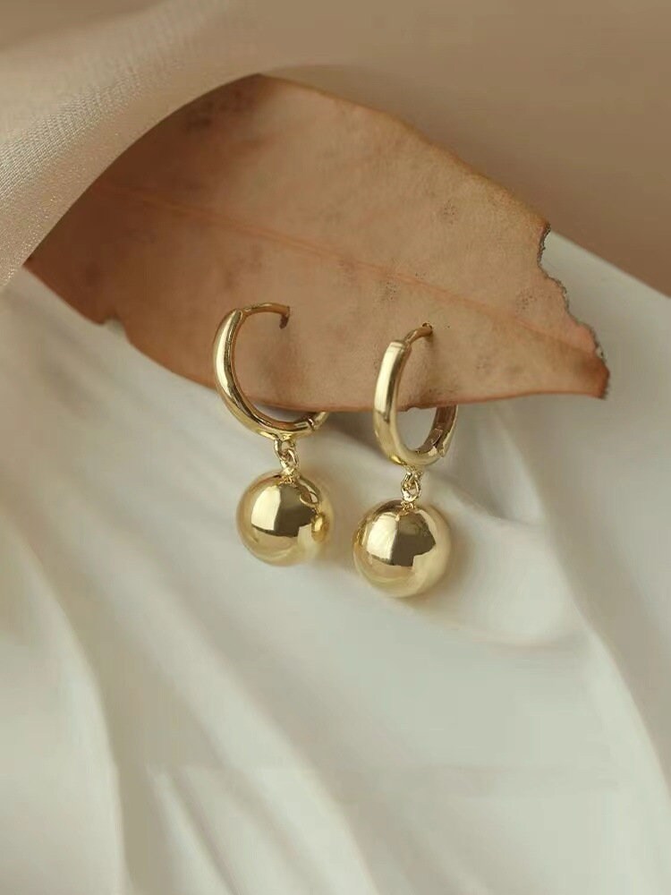 Gold Ball Drop Huggie Hoop Earrings Small Hoops With Dangle Etsy UK