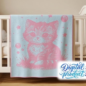 May include: A light blue baby blanket featuring a large pink kitten illustration in the center, surrounded by small pink stars and circular bubbles. The blanket has a pink border and the text Digital product! in the bottom right corner.