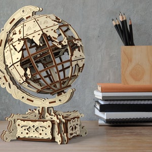 Houten mechanische wereldbolpuzzels voor volwassenen en kinderen om te bouwen door WOODEN.CITY | Houten 3D-puzzels | Modelset | Verjaardagscadeau afbeelding 2