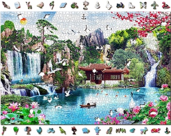 Wooden Jigsaw Puzzle 2000 pieces "Waterfalls in Japanese Garden" | Family gift |  Wooden.City