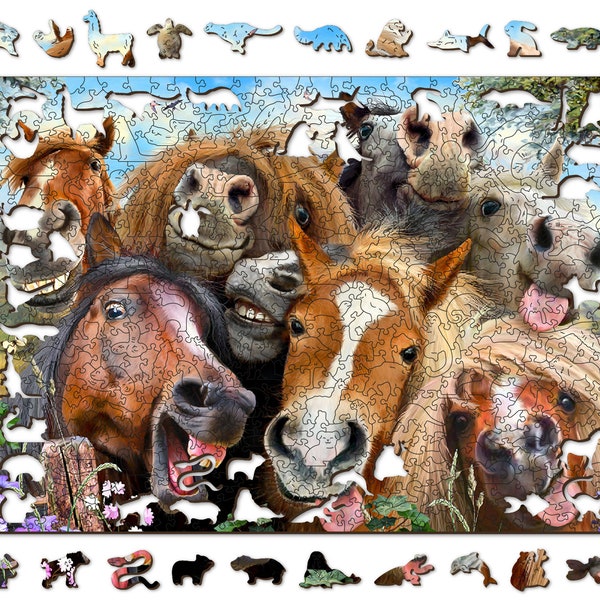 Wooden.City Puzzle en Bois Animaux - Les Chevaux S'amusent 150 300 500 600 pcs - Wooden Jigsaw Puzzles Casse-tête Famille Adultes & Enfants