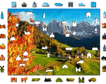 Wooden Jigsaw Puzzle 1000 +10 pieces " Sankt Magdalena" Hidden Valley Italy Landmark Travel Mountains Monastery Family gift |  Wooden.City