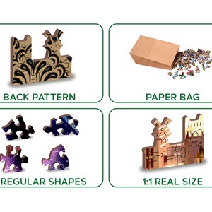 May include: Four images showing different aspects of a jigsaw puzzle. The first image shows the back of a puzzle piece with a brown and black pattern. The second image shows a brown paper bag with puzzle pieces spilling out. The third image shows four puzzle pieces with irregular shapes. The fourth image shows a completed puzzle piece with a detailed image of a building.