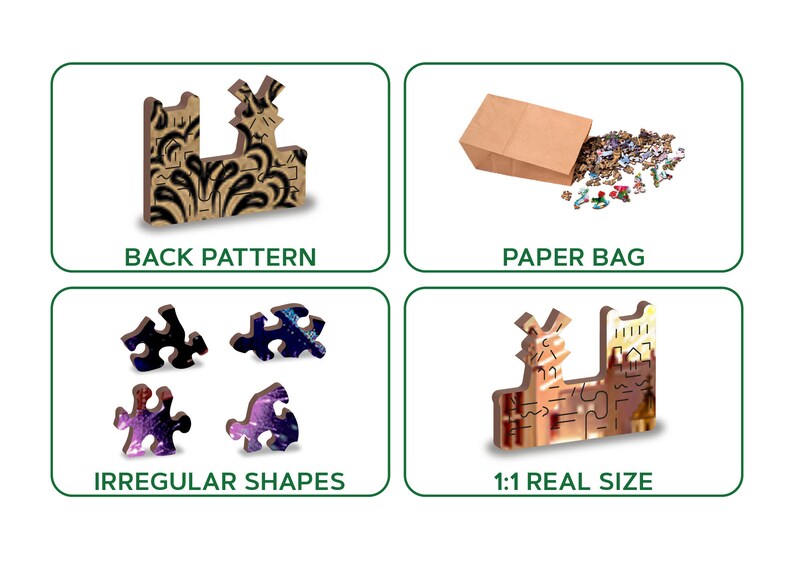 May include: Four images showing different aspects of a jigsaw puzzle. The first image shows the back of a puzzle piece with a brown and black pattern. The second image shows a brown paper bag with puzzle pieces spilling out. The third image shows four puzzle pieces with irregular shapes. The fourth image shows a completed puzzle piece with a detailed image of a building.