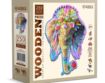 Drewniane Puzzle Elegancki Słoń 250 elementów - Unikalne, nietypowe puzzle z elementami w kształcie zwierząt - Wooden.City
