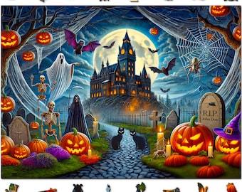 Drewniana układanka „Upiorna dyniowa noc” – wymagająca układanka z 1000 elementów na Halloween – wyjątkowe układanki dla dorosłych od Wooden.City