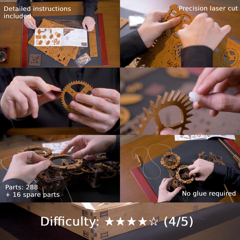 May include: A wooden model kit with detailed instructions and precision laser-cut parts. The kit includes 288 parts plus 16 spare parts, and requires no glue. The difficulty level is rated as 4 out of 5 stars.