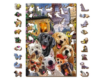 Rompecabezas de madera "Cachorros en París" (150, 200 y 300 piezas), perro, niño, animal inusual, piezas, golden retriever, westie, perro salchicha, carlino, Wooden.City