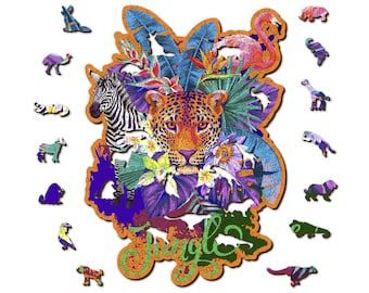 Wooden Jigsaw Puzzle "Jungle Wildlife" 155, 300 pcs Unique Unusual Animal Shaped Pieces Mosaic Kids Adults Wooden City