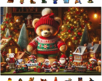 WOODEN.CITY Wooden Christmas Puzzles 1000 Piece -Xmas Teddy Bear - Jigsaw Puzzles for Adults -Made in EU